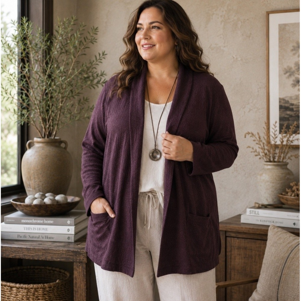 Eileen Fisher 3X Plum Purple Textured Open Front Cardigan Sweater Minimalist